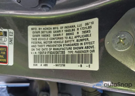 2010 Honda Civic Lx из США, поврежденный, VIN 19XFA1F50AE067285